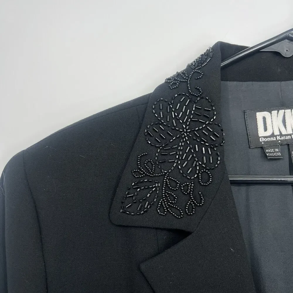 Vintage 90s 100% Wool DKNY Women Blazer Hand Beaded - Picture 2 of 7